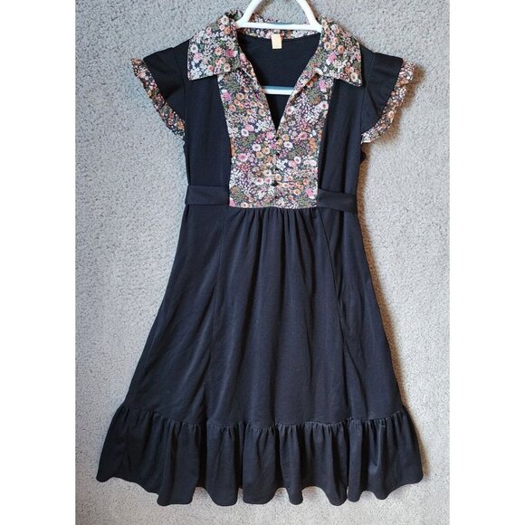 Unbranded Dresses & Skirts - Vtg 70's Unbranded Women's Cap Sleeve Collared Ruffle Hem Dress Cottagecore Sz 7